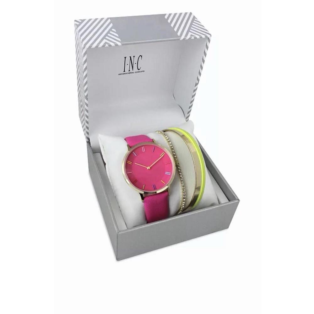 INC Women's Pink Strap Watch 38mm Gift Set Pink